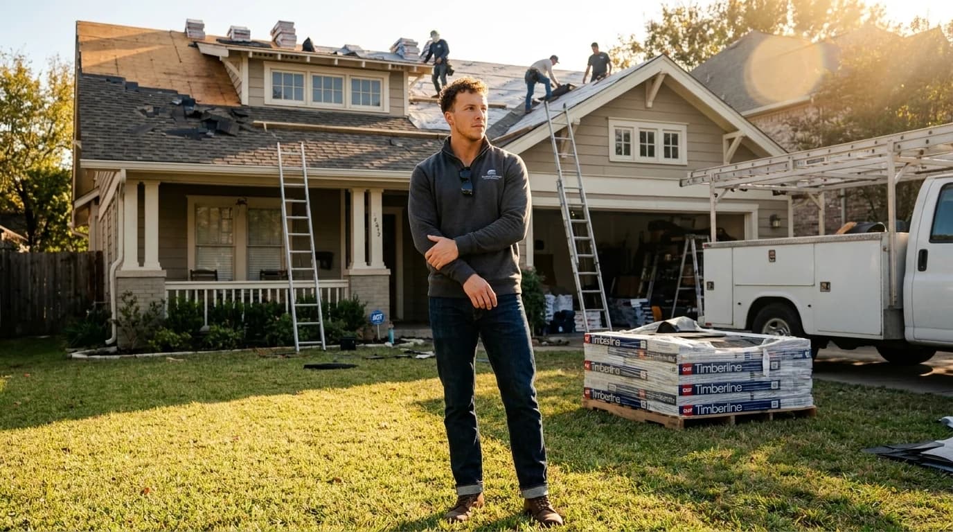 Hayden Mitchell standing on the front lawn of a suburban roofing jobsite at golden hour, wearing a charcoal half-zip pullover and indigo jeans. Crew on the roof behind him, ladder against the eaves, work truck and stacks of GAF Timberline shingles to the right.