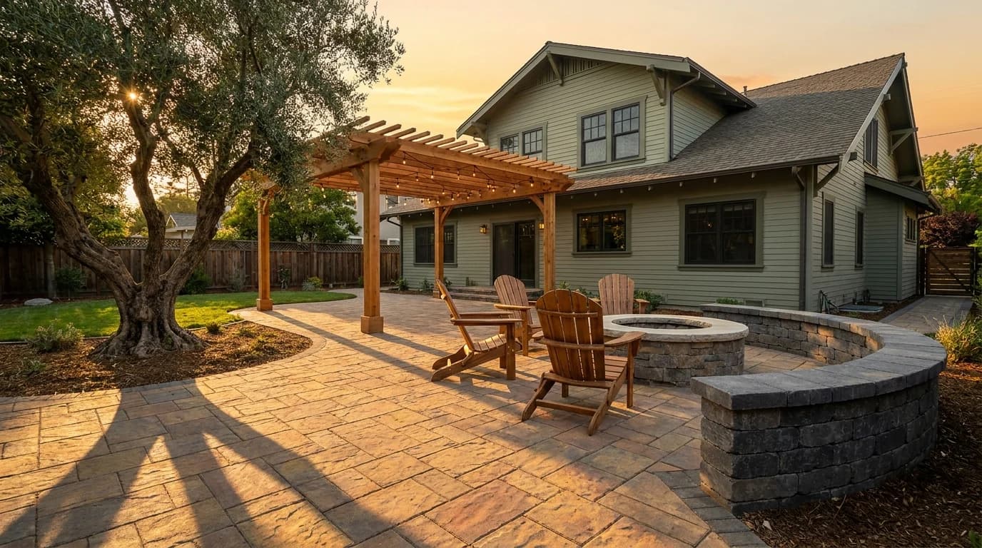 Backyard of a suburban home at golden hour with a finished hardscape installation. A large Belgard Mega-Arbel paver patio in warm sandstone tones, a curved retaining wall of stacked Techo-Bloc Borealis stones, an integrated wood-burning fire pit with limestone cap, four cedar Adirondack chairs around it, a pergola with cedar timbers and warm string lights overhead, mature olive tree casting a long shadow.