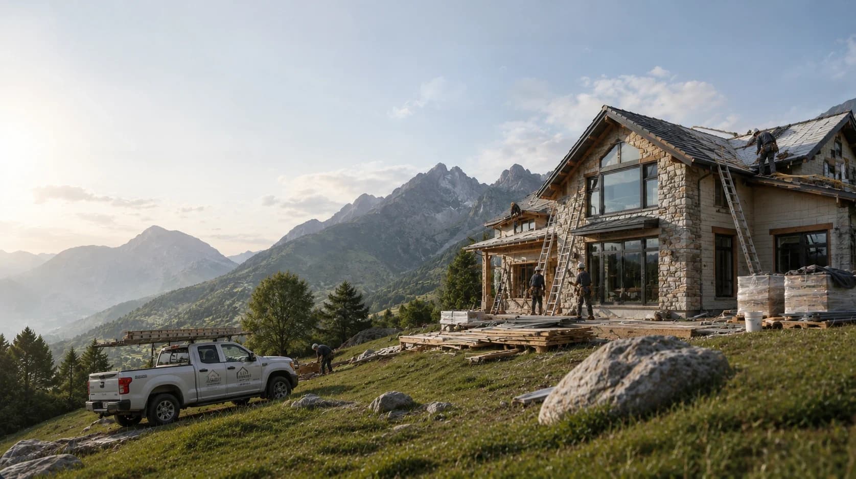 A crew works on a stone and timber custom home on a green mountainside at golden hour, a company work truck parked on the slope and jagged peaks rising behind.