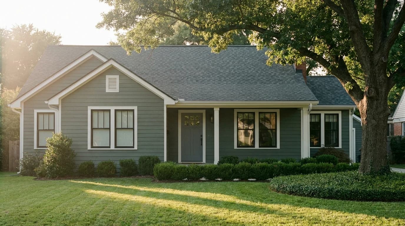 Front elevation of a finished craftsman home at golden hour. New dark architectural roof, sage fiber-cement siding, white trim, slate-grey door, mature oak tree casting a long shadow across the lawn.