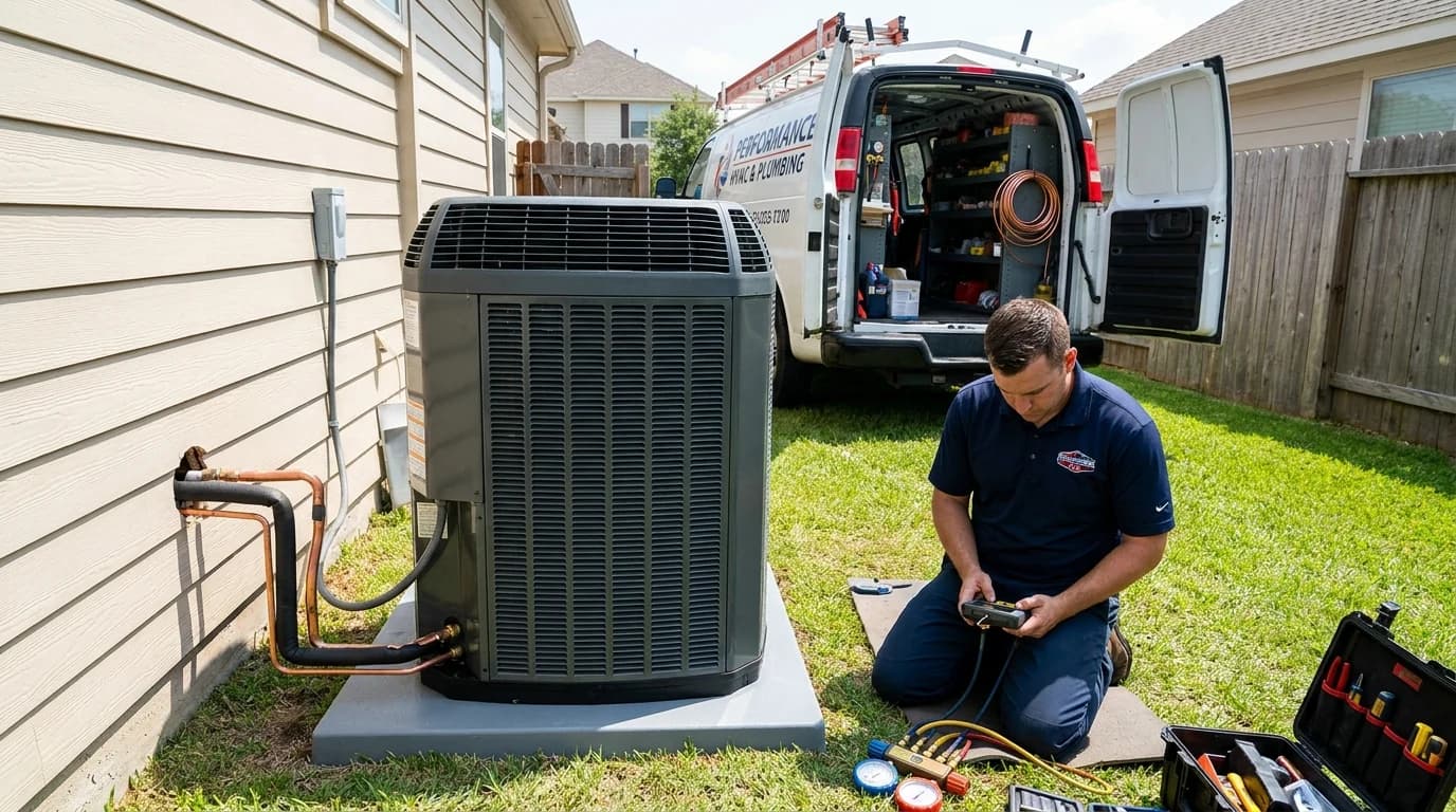 Side yard of a suburban home, exterior HVAC install in progress. A new Trane high-efficiency two-stage heat pump condenser on a fresh poly pad, freshly run insulated copper line set into the wall, refrigerant manifold beside it. A contractor in a navy company polo kneeling with a digital manometer. Service van with rear doors open in the driveway.