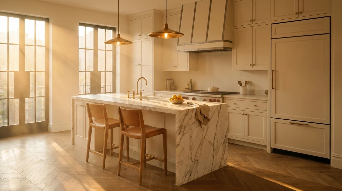 Finished high-end kitchen remodel at golden hour. A 12-foot calacatta marble waterfall island, custom inset-panel cabinetry in warm white, integrated paneled Sub-Zero refrigerator, a 48-inch Wolf range under a custom hood, unlacquered brass hardware and pendants, oak chevron flooring, tall steel-framed windows.