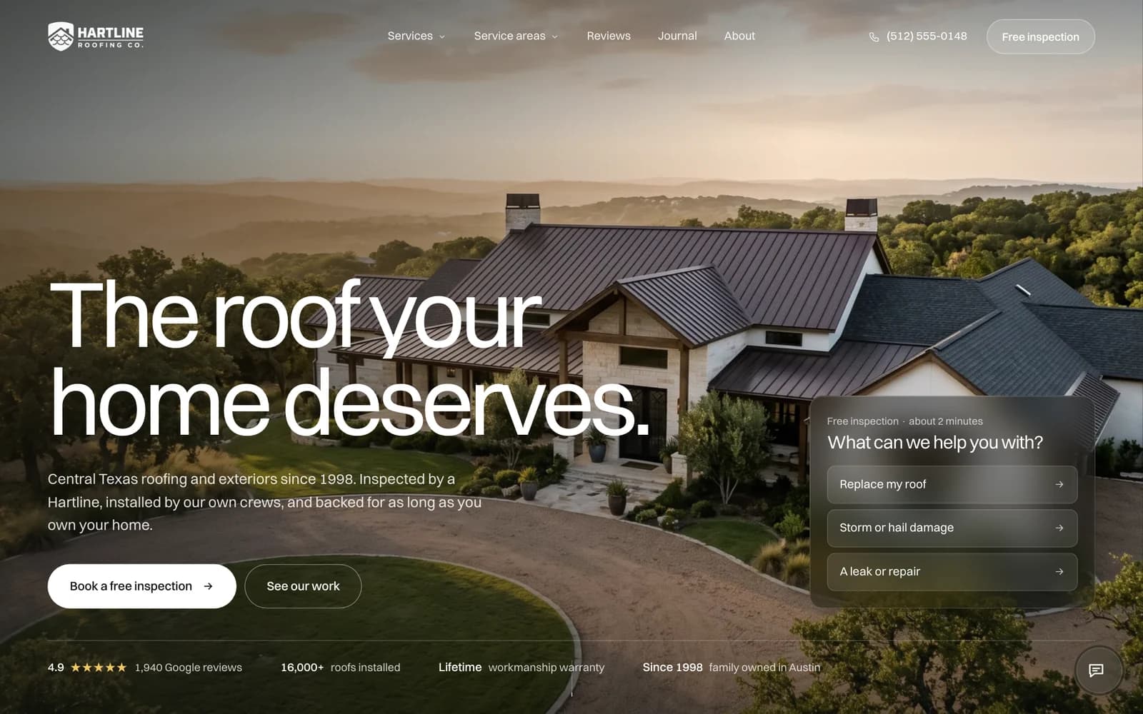 RevCore’s Hartline demo: a clear headline, project imagery, and an estimate action